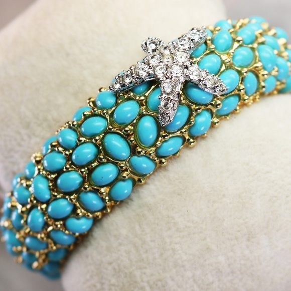 ⚜️ Vintage Kenneth Jay Lane Crystal Starfish Turquoise Cabochon Bracelet - Picture 14 of 16
